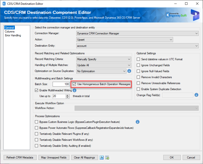 CDS/CRM Destination Component - Use Homogeneous Batch Operation Messages